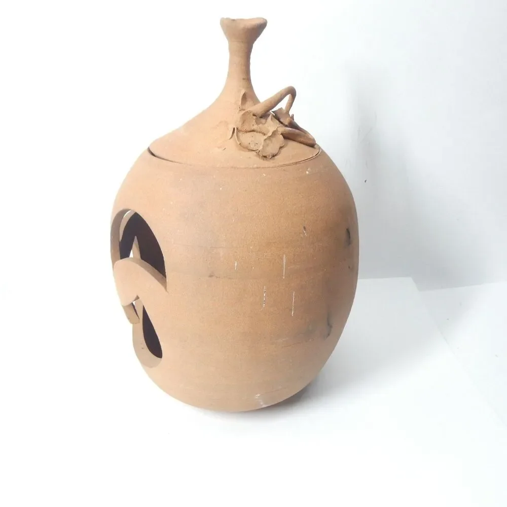 Terra Cotta Pumpkin Jack O Lantern Candle Holder Signed Clay Pottery Handmade
